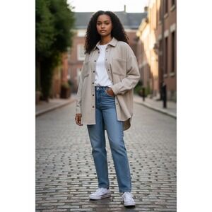 GH Bass Co Long Sleeve Oversized Shacket Shirt Jacket Beige Herringbone Size L